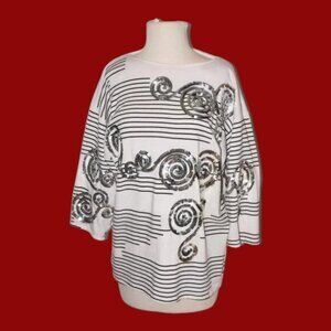 Vintage Bonnie and Bill New York Sequin Swirl & Lines Top Blouse 3/4 Sleeve SZ M